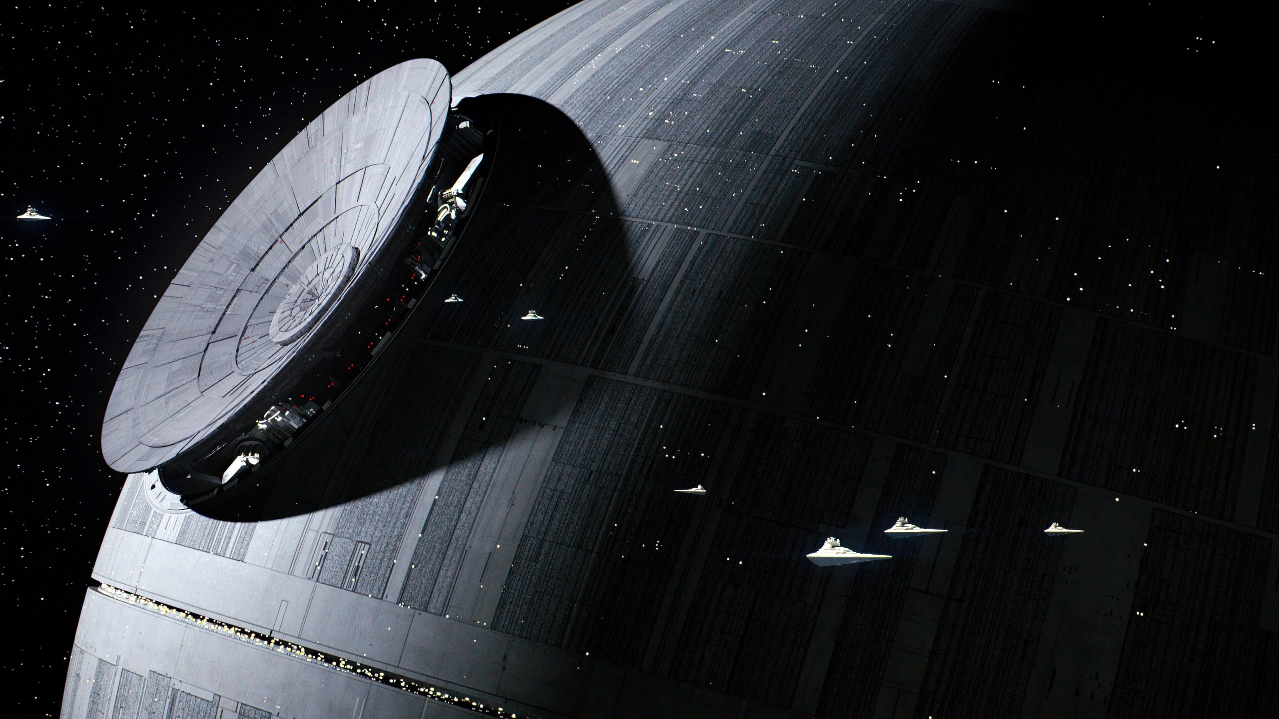 ominous death star with star destroyers nearby